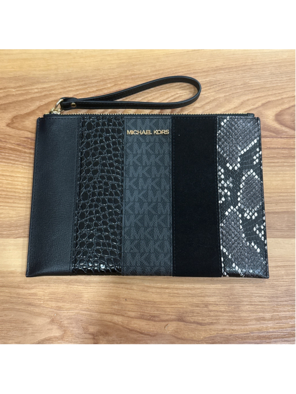 NWOT Women's Michael Kors Mixed Media Wristlet Clutch, One Size, Black and Grey